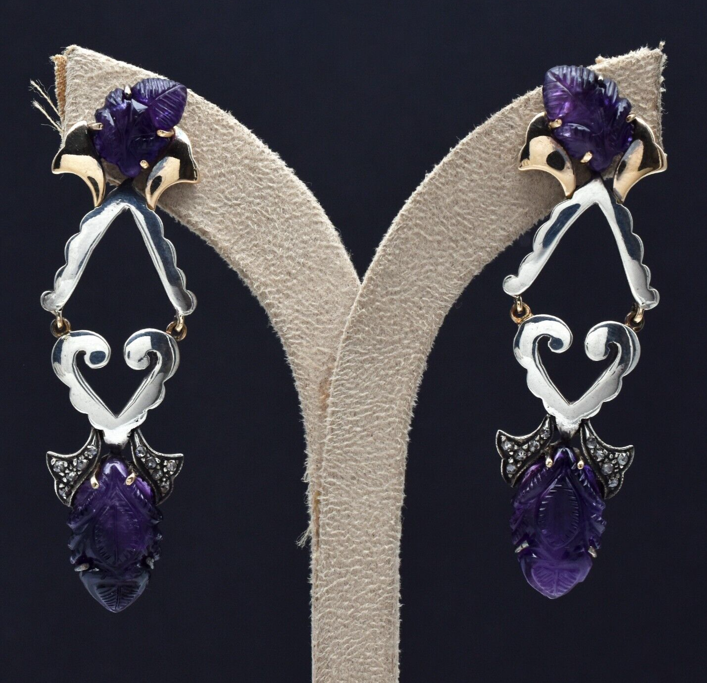 Fine Natural Amethyst Engraved Diamond 18K Gold Silver Victorian Dangle Earring