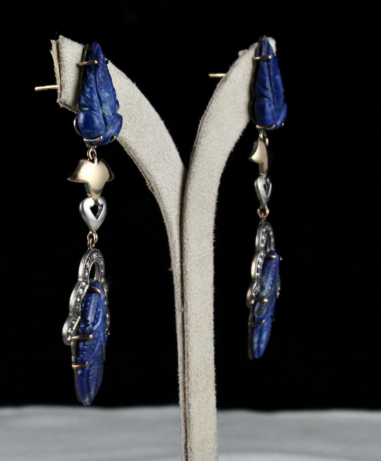Certified Natural Lapis Lazuli 68ct Leaf Engraved Silver Earring Victorian Style