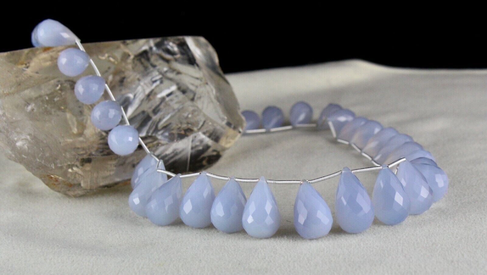 NATURAL BLUE CHALCEDONY BEADS TEARDROPS 1 LINE 438 CARATS GEMSTONE FINE NECKLACE