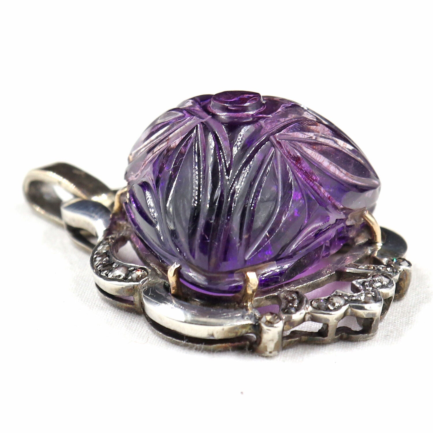 ANTIQUE NATURAL AMETHYST CARVED DIAMOND VICTORIAN PENDANT IN 925 SILVER & GOLD