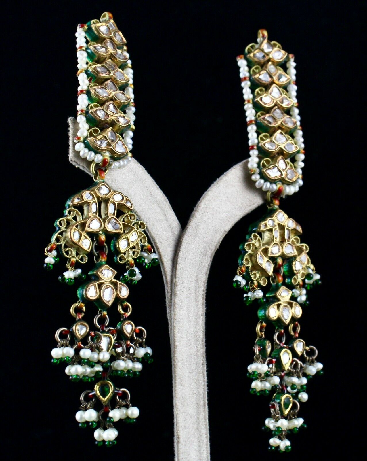 Antique Diamond Pearl 22K Gold Jadau Kundan Meena Ladies Peacock Dangle Earring