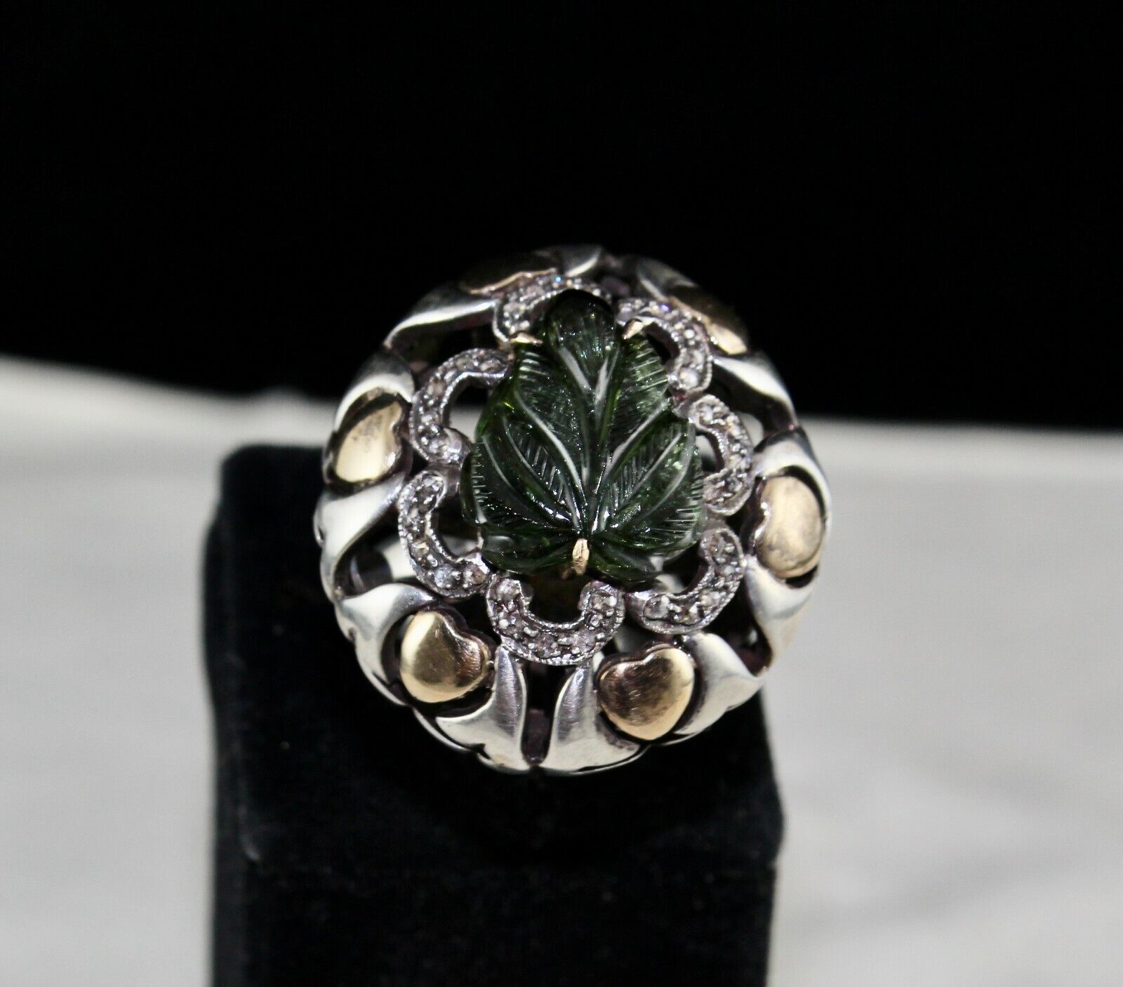 Antique Green Tourmaline Carved Diamond 18k Gold Silver Cocktail Victorian Ring