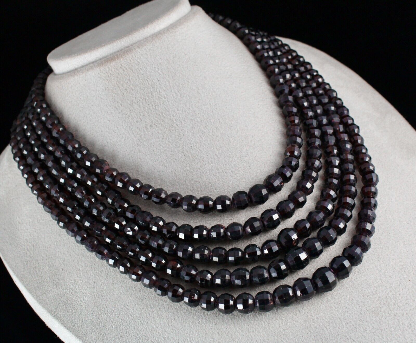 Natural Garnet Beaded Necklace 5 Line 1859 Carats Round Gemstone Silver Clasp