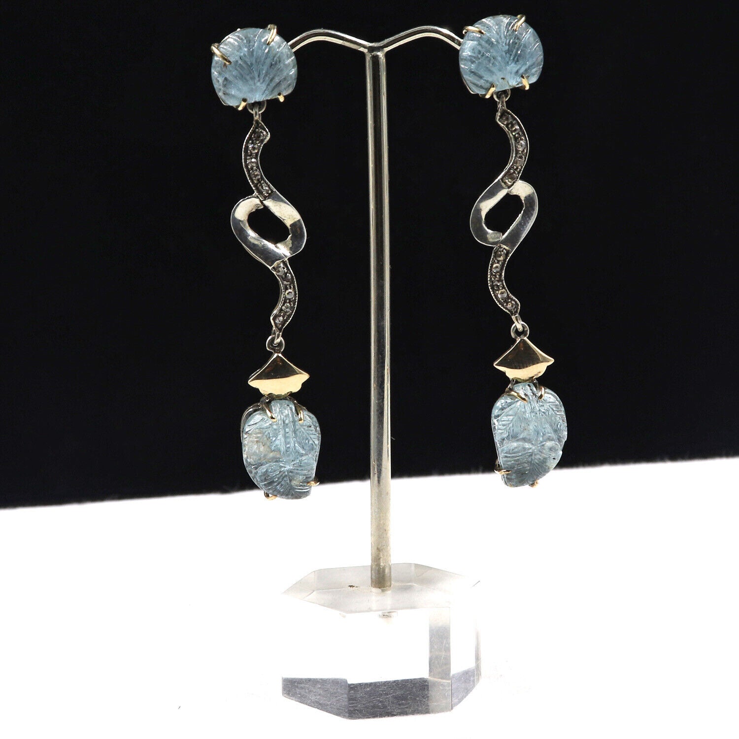 Natural Blue Aquamarine Carved Diamond 18K Gold 925 Silver Victorian Earring