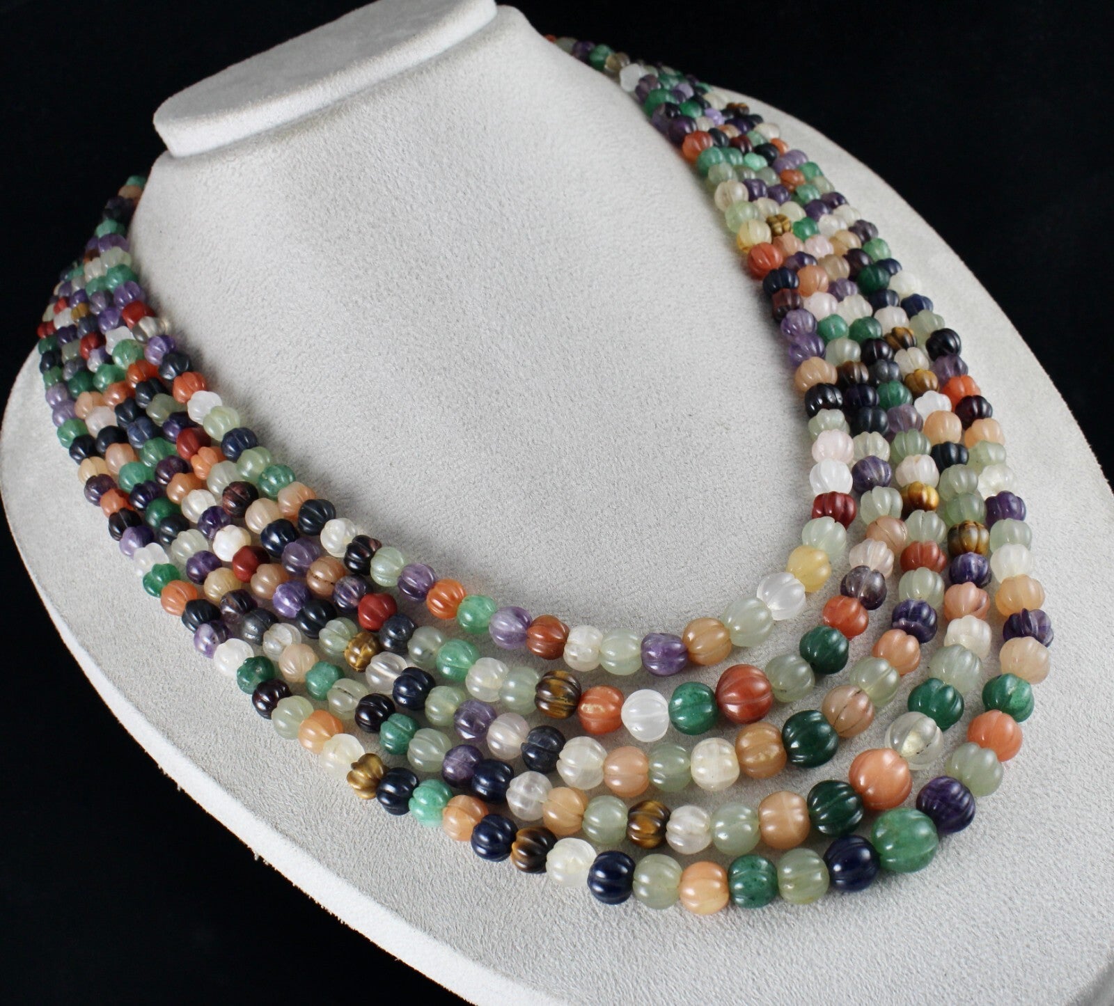 Vintage Multi Natural Semi Precious Carved Melon Beads Necklace 1360 Ct