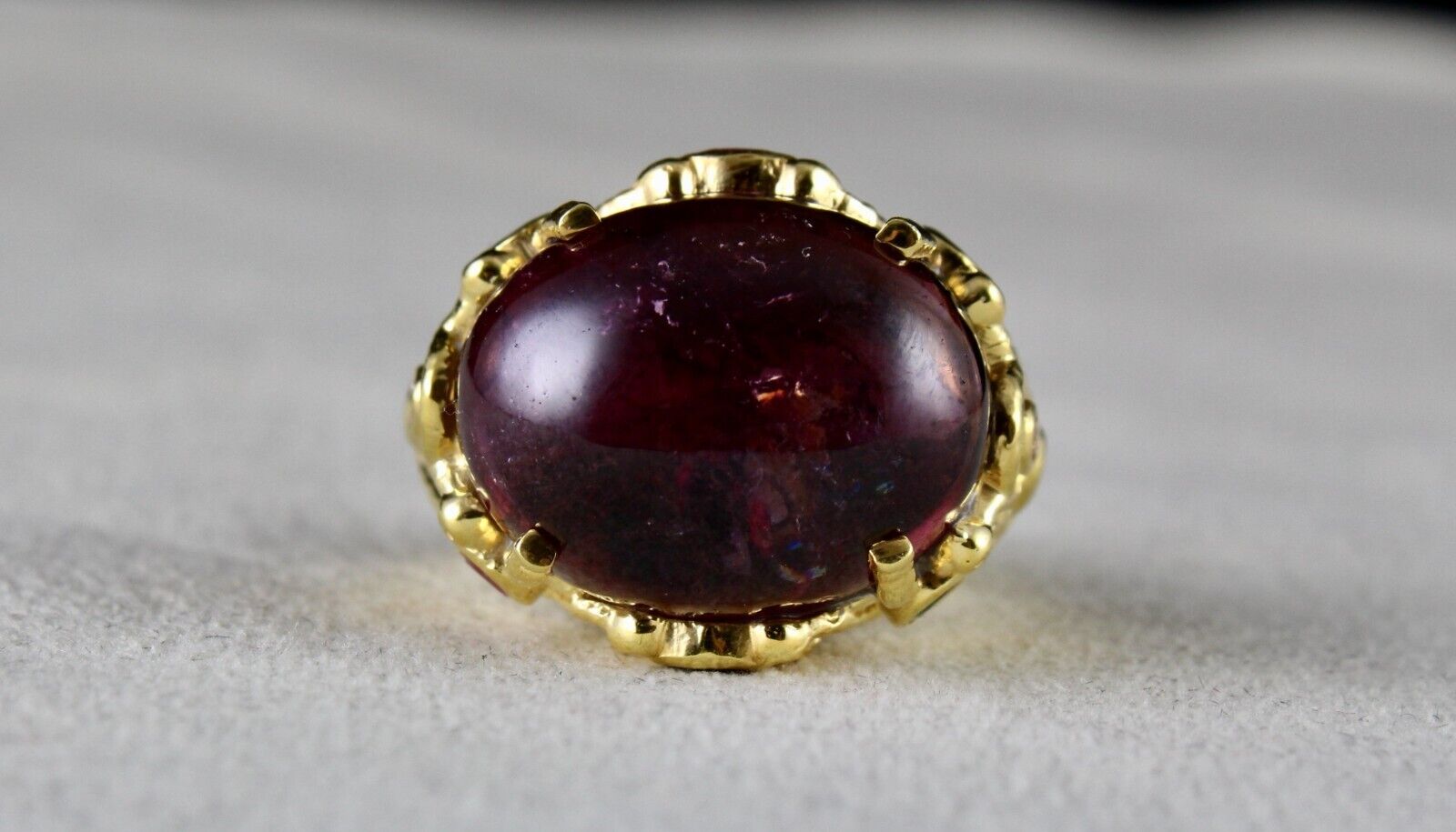 UNIQUE NATURAL PINK TOURMALINE CABOCHON CUT CARVED SILVER GOLD PLATED RING