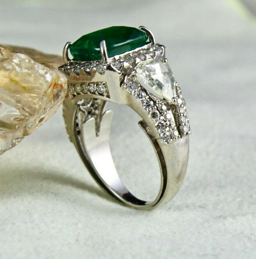 Certified Natural Zambia Emerald Cushion 4.87ct Natural Diamond 18k Gold Ring
