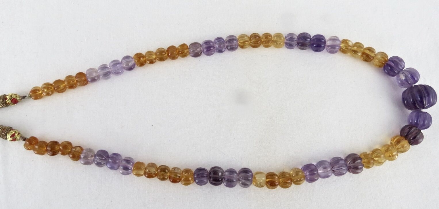 NATURAL MULTI AMETHYST CITRINE CARVED MELON BEADS 325 CTS GEMSTONE NECKLACE