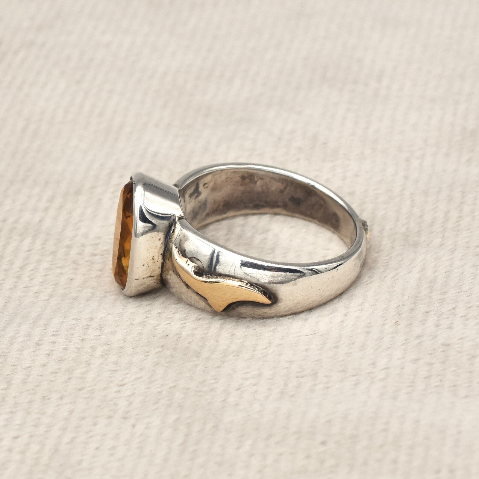 Vintage Unisex 61ct Yellow Citrine 18k Gold 925 Silver Victorian Ring