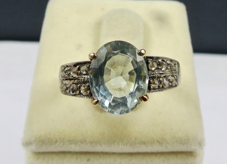 Aquamarine Blue Oval 24.21ct Natural Diamond 18k Gold Ring 925 Sterling Silver