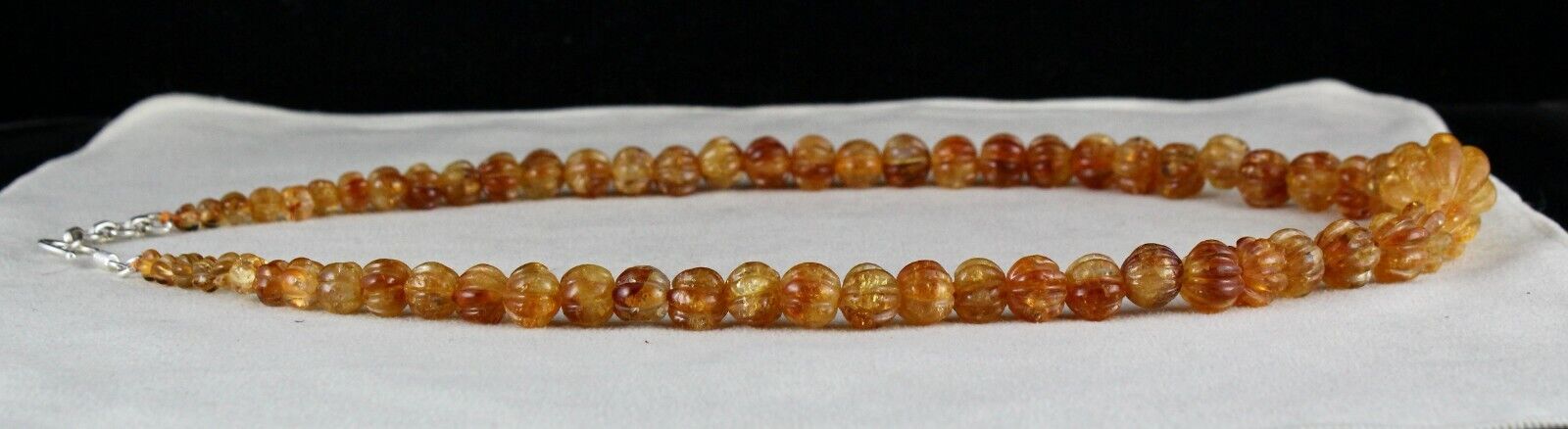 Natural Citrine Carved Beaded Necklace 390 Carats Round Gemstone Silver Clasp