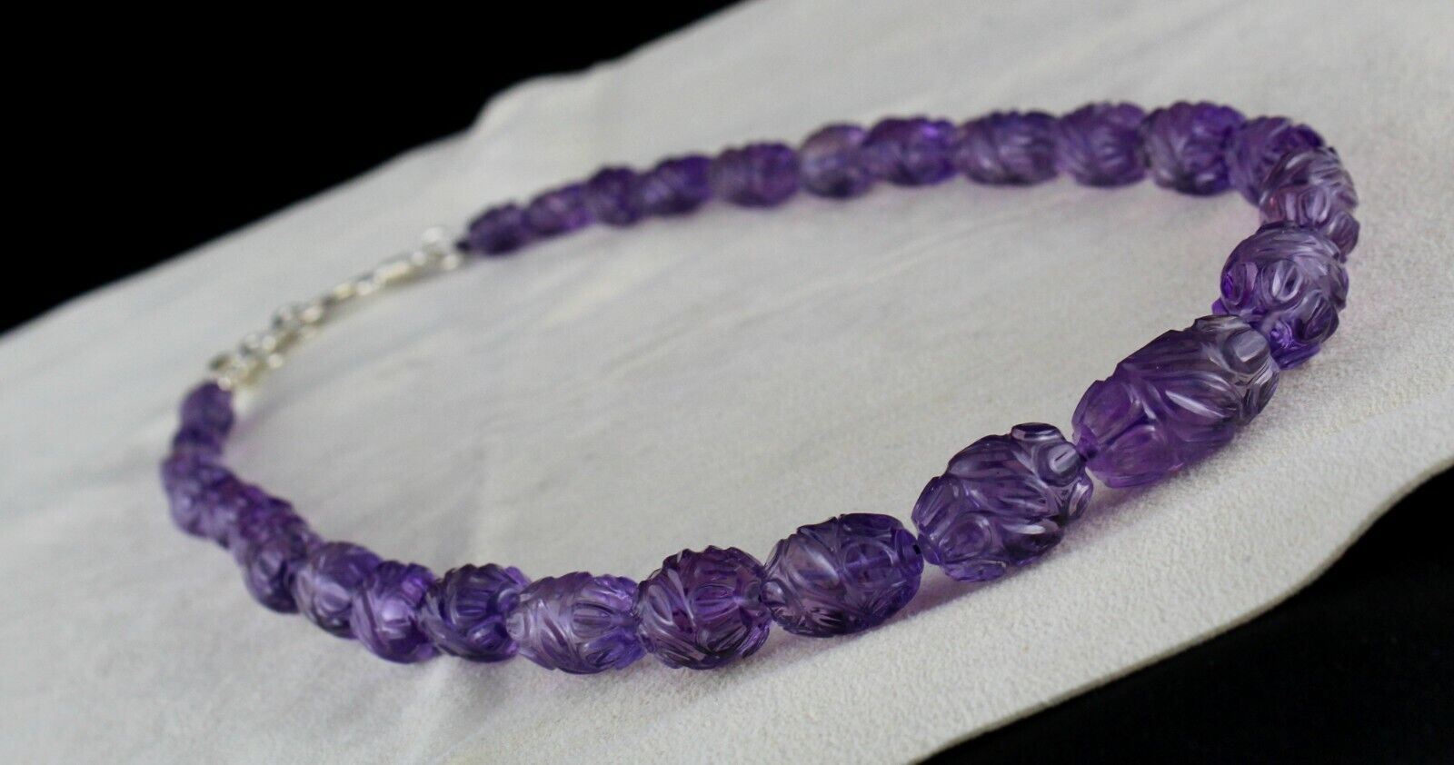 ANTIQUE NATURAL AMETHYST BEADS CARVED LONG 332 CARATS GEMSTONE SILVER NECKLACE