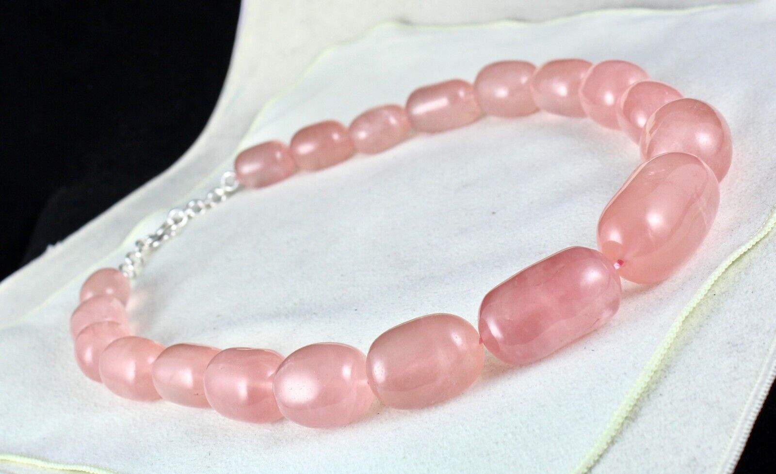 40MM NATURAL ROSE QUARTZ BEADS LONG CABOCHON 1406 CTS GEMSTONE SILVER NECKLACE