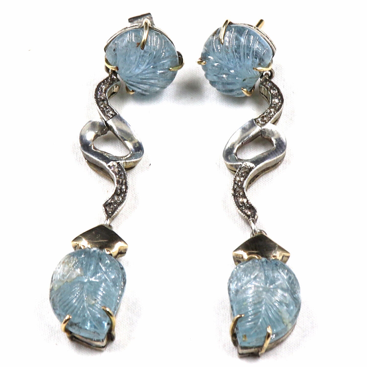 Natural Blue Aquamarine Carved Diamond 18K Gold 925 Silver Victorian Earring