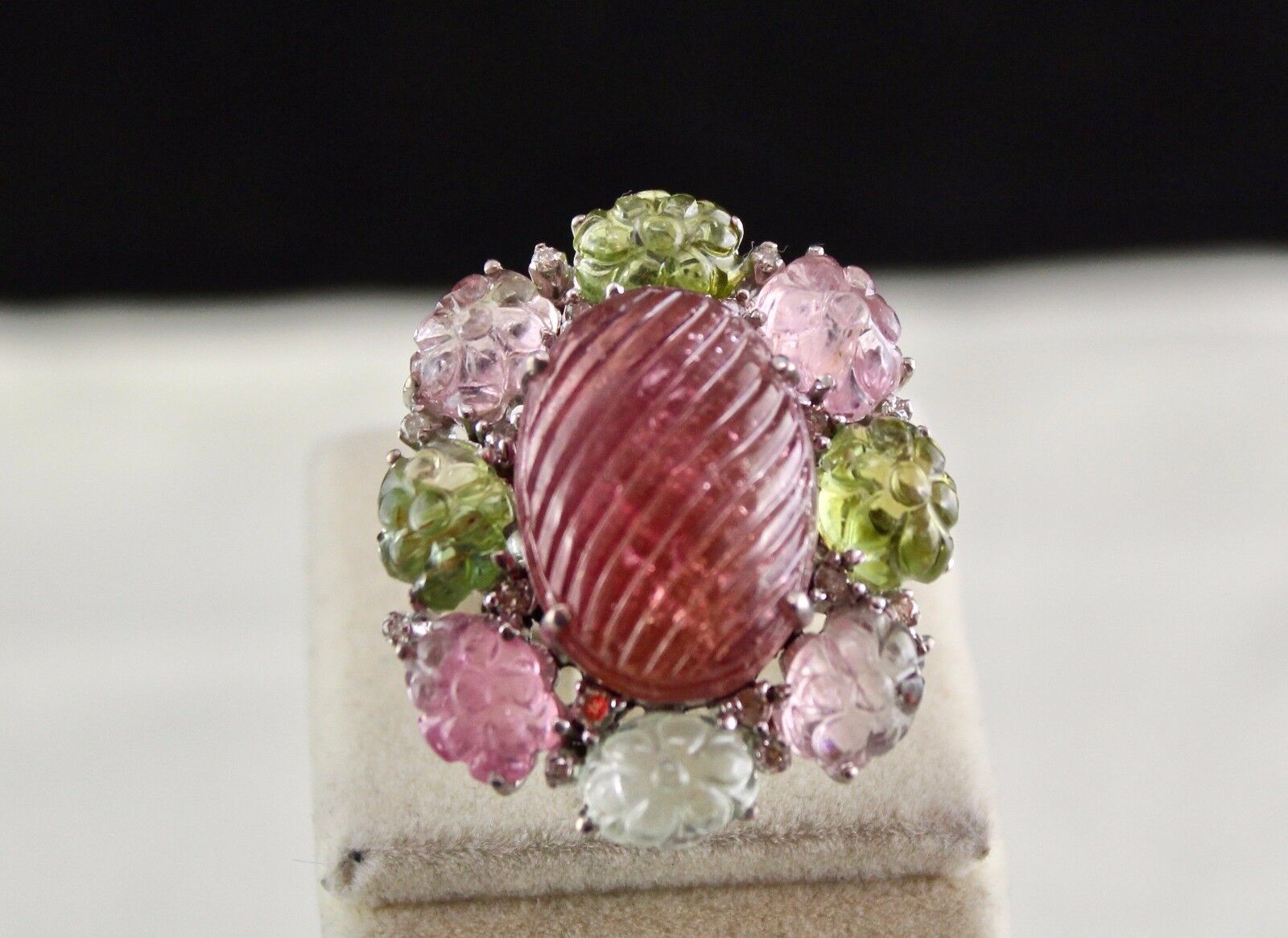 Exclusive Natural Multi Tourmaline Carved Gemstone Diamond Silver Statement Ring