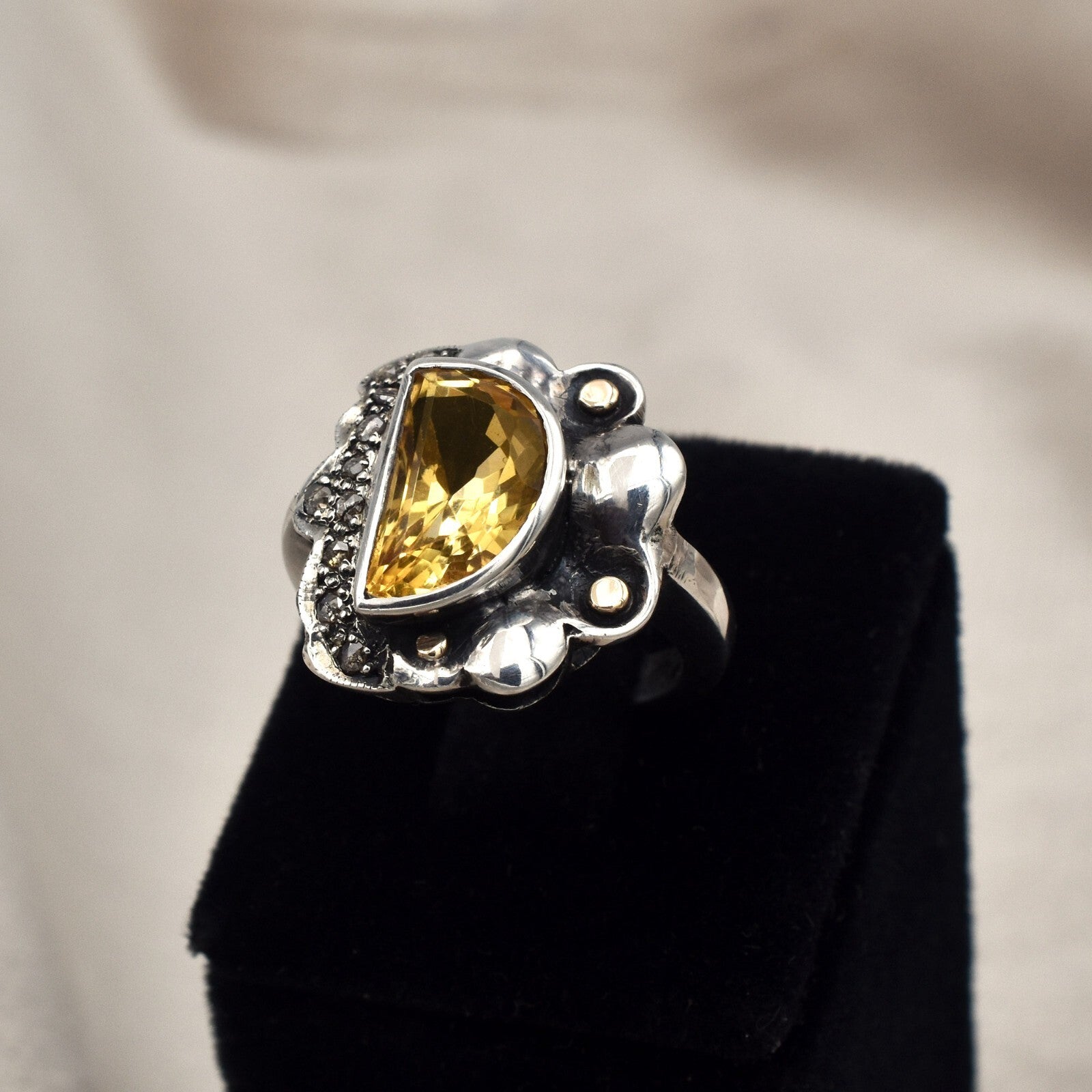 Vintage Natural Yellow Citrine 10ct Diamond 18k Gold Sterling Silver Ring