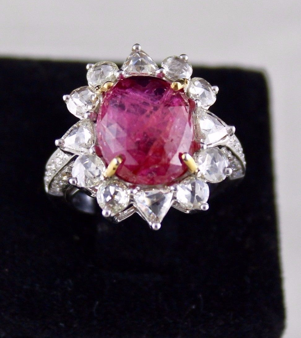 Certified Natural Burma Ruby Cabochon 10ct Diamond 18k White Gold Ring