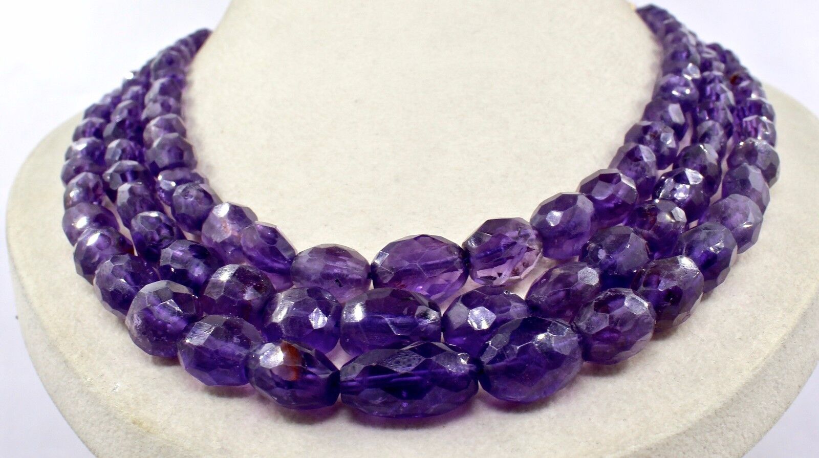 NATURAL AMETHYST BEADS FACETED OVAL CABOCHON 3 LINE 712 CTS GEMSTONE NECKLACE