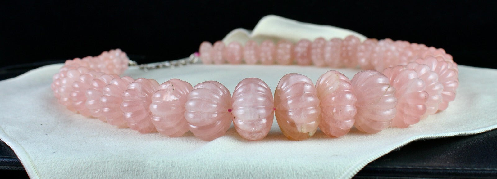 Certified Natural Vintage Rose Quartz Melon Bead 2406ct Sterling Silver Necklace