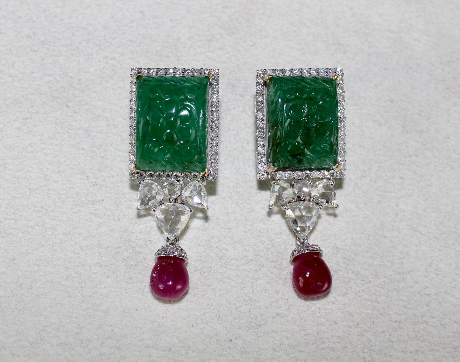 Certified 18k Gold Natural Zambia Emerald 119.2ct Ruby Diamond Earrings