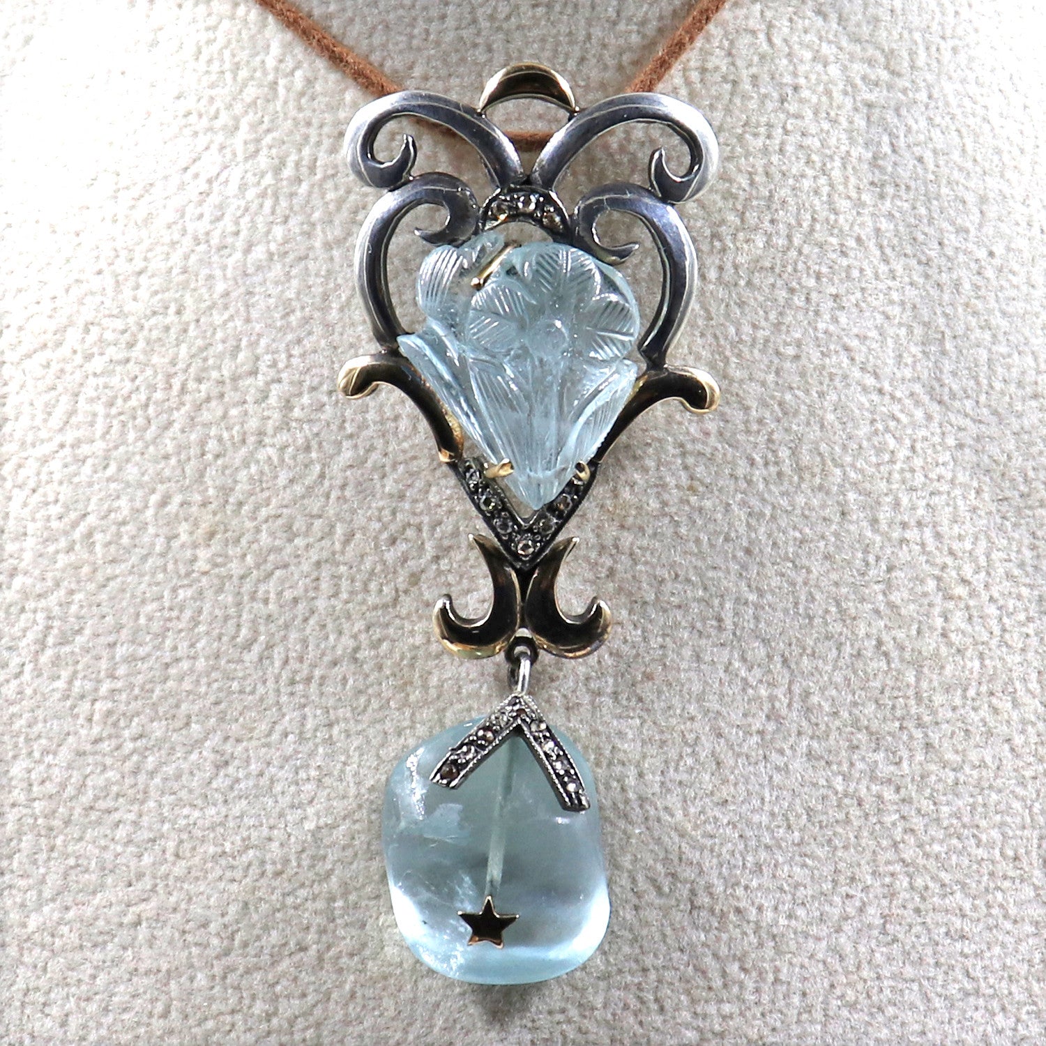 Certified Natural Blue Aquamarine 10ct Diamond Sterling Silver Victorian Pendant
