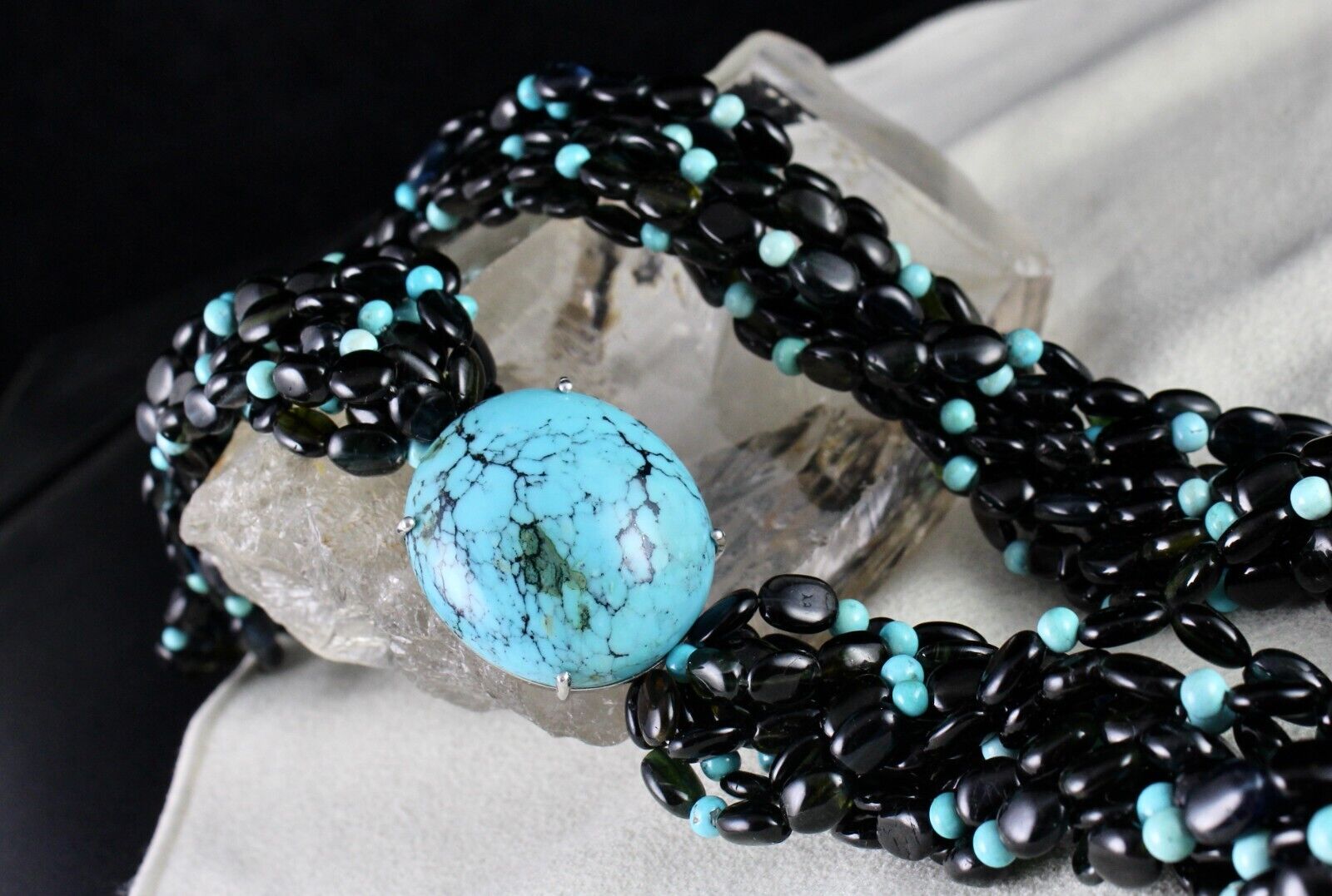 FINE NATURAL BLACK TOURMALINE TURQUOISE BEADED DESIGNER GEMSTONE SILVER NECKLACE