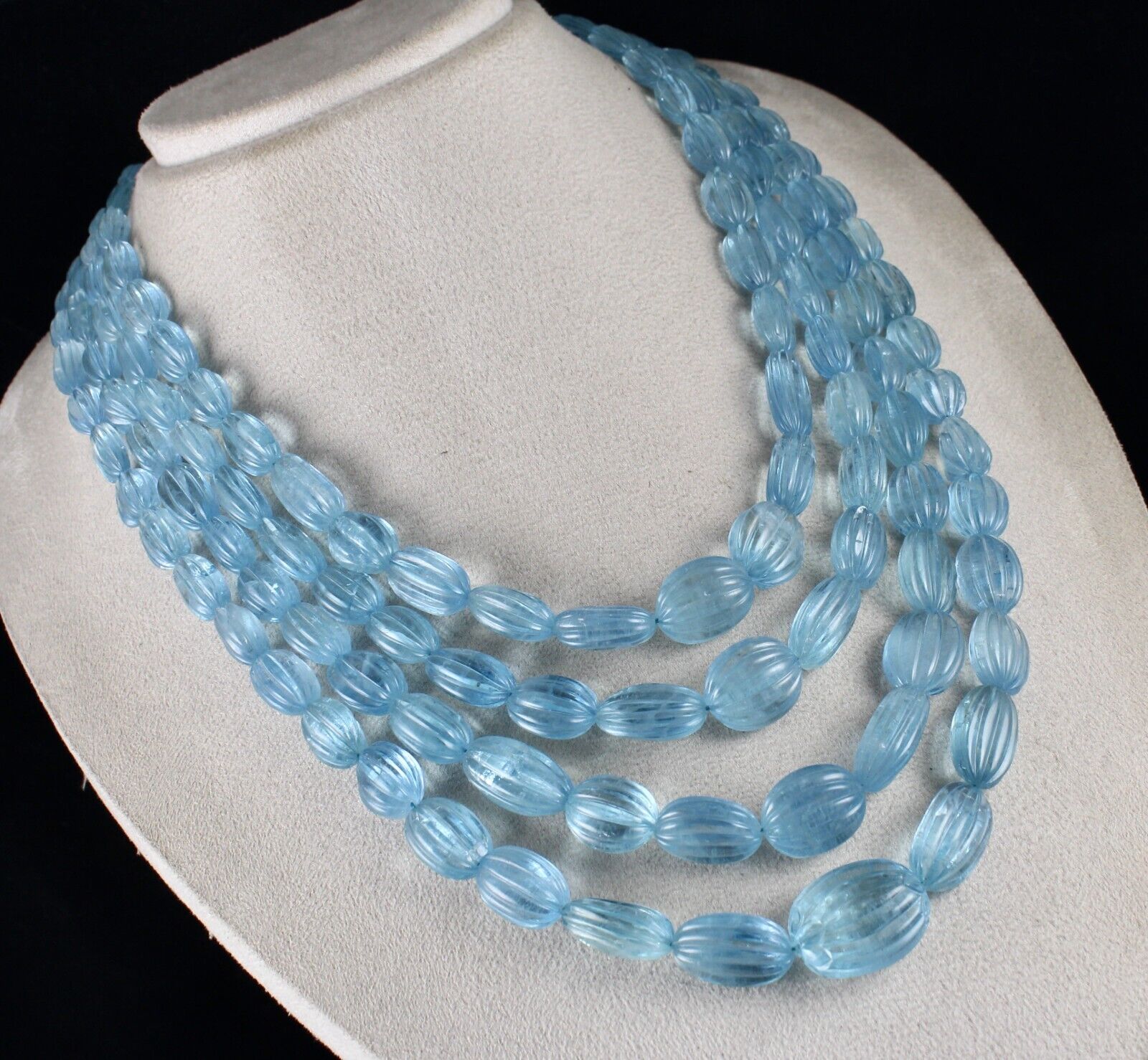 NATURAL BLUE AQUAMARINE BEADS CARVED CABOCHON 4L 1310 CARATS GEMSTONE NECKLACE