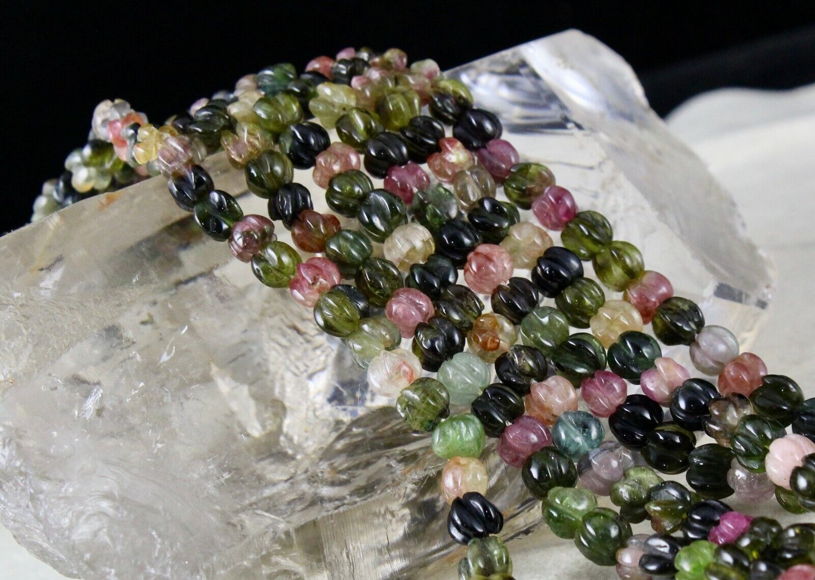 NATURAL MULTI TOURMALINE BEADS CARVED MELON 3 LINE 390 CARATS GEMSTONE NECKLACE