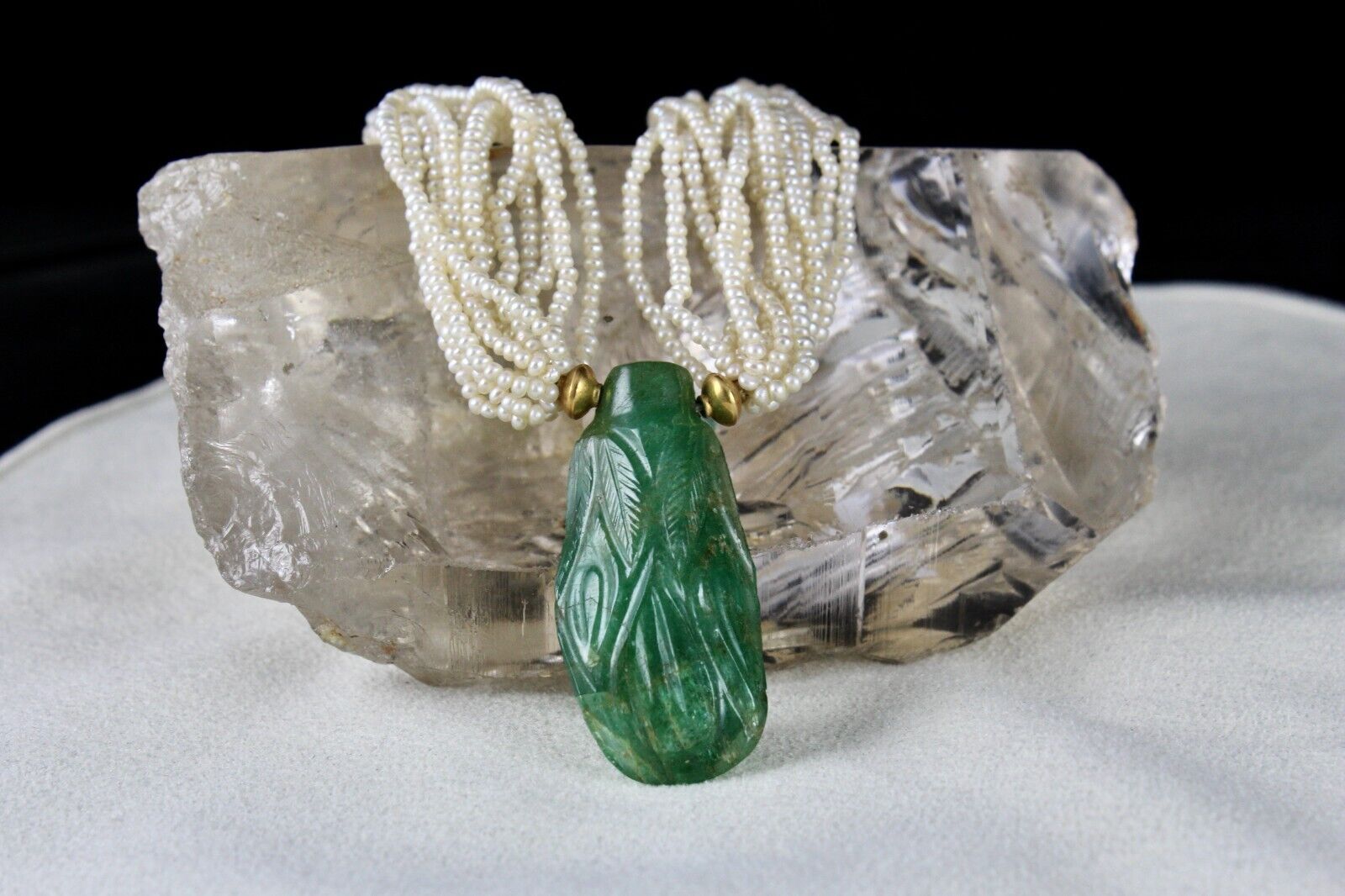 NATURAL EMERALD CABOCHON 55 CARATS JADAU DIAMOND IN 22K GOLD PEARL GOLD NECKLACE