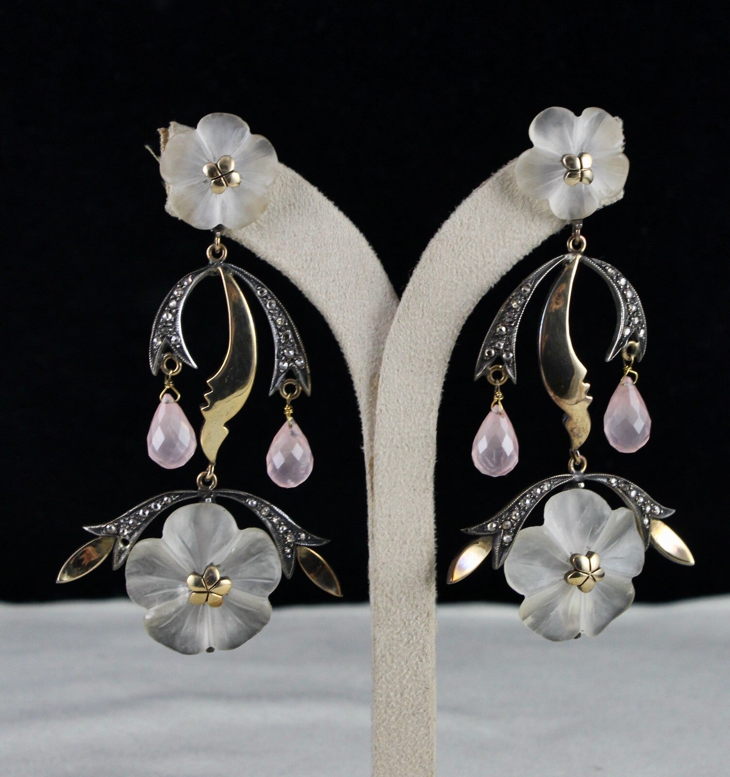 Natural Crystal & Rose Quartz 162.5ct Diamond 18k Gold Sterling Silver Earring