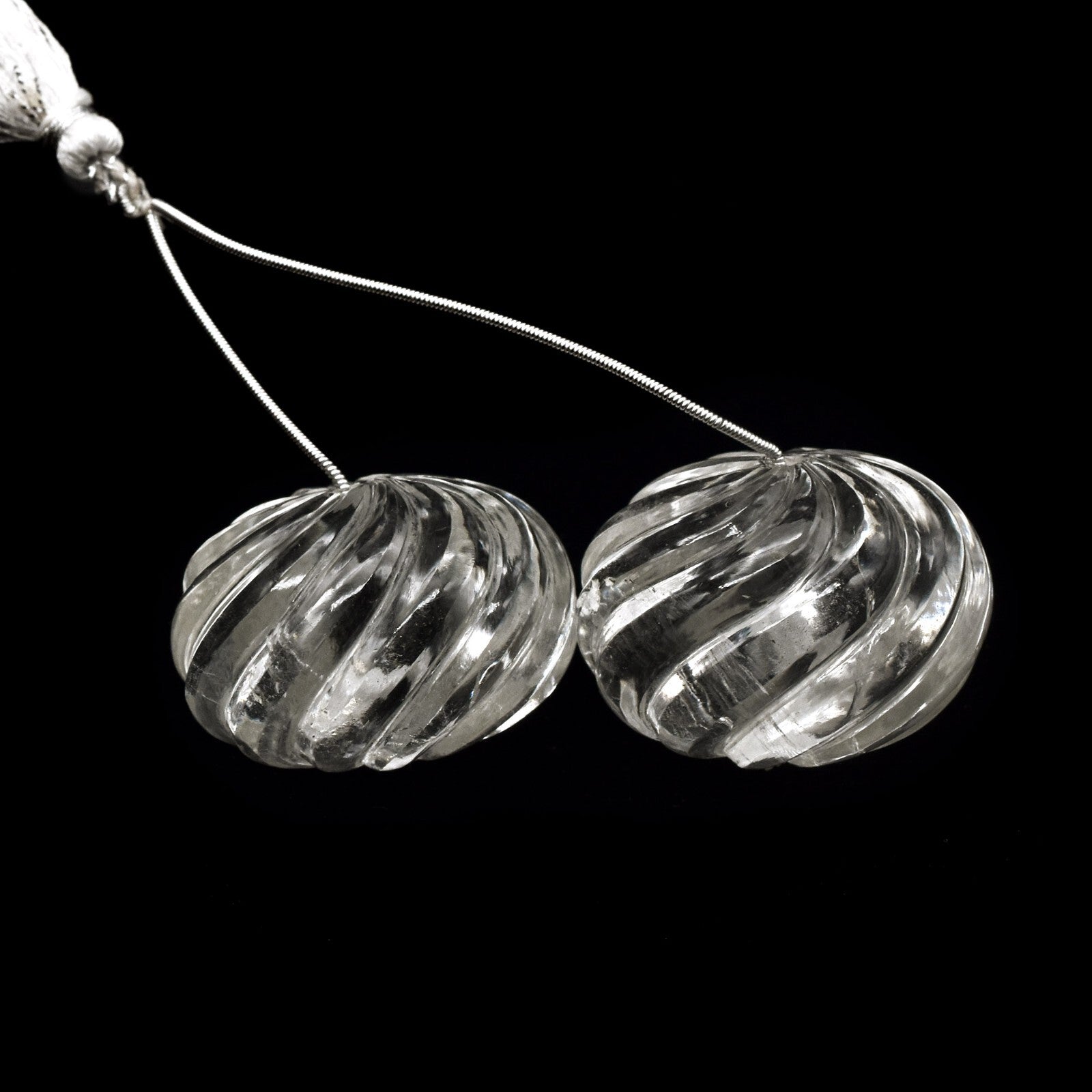 Natural Rock Crystal Quartz 495 Ct Engraved Bead Round Gemstone Designing 2 Pc