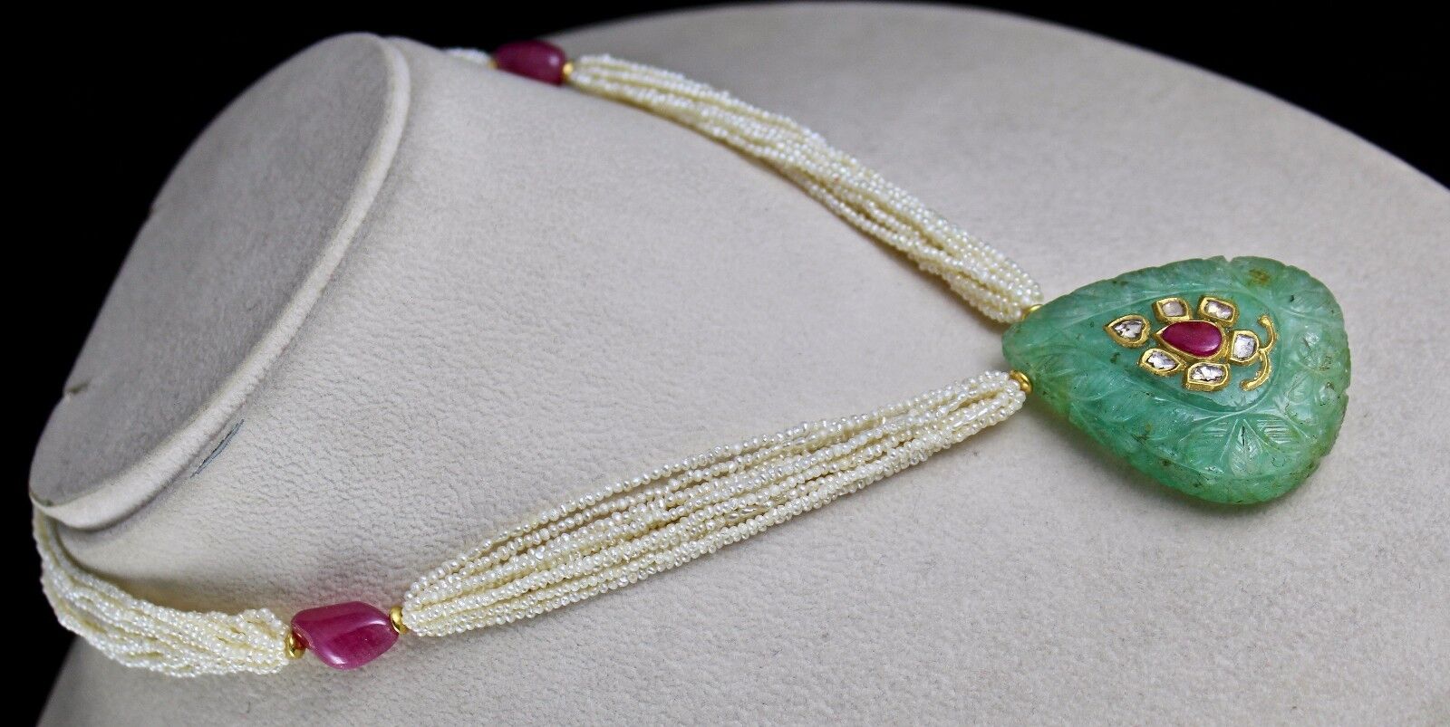 ANTIQUE NATURAL GREEN EMERALD QUARTZ RUBY DIAMOND PEARL 18KGOLD FASHION NECKLACE