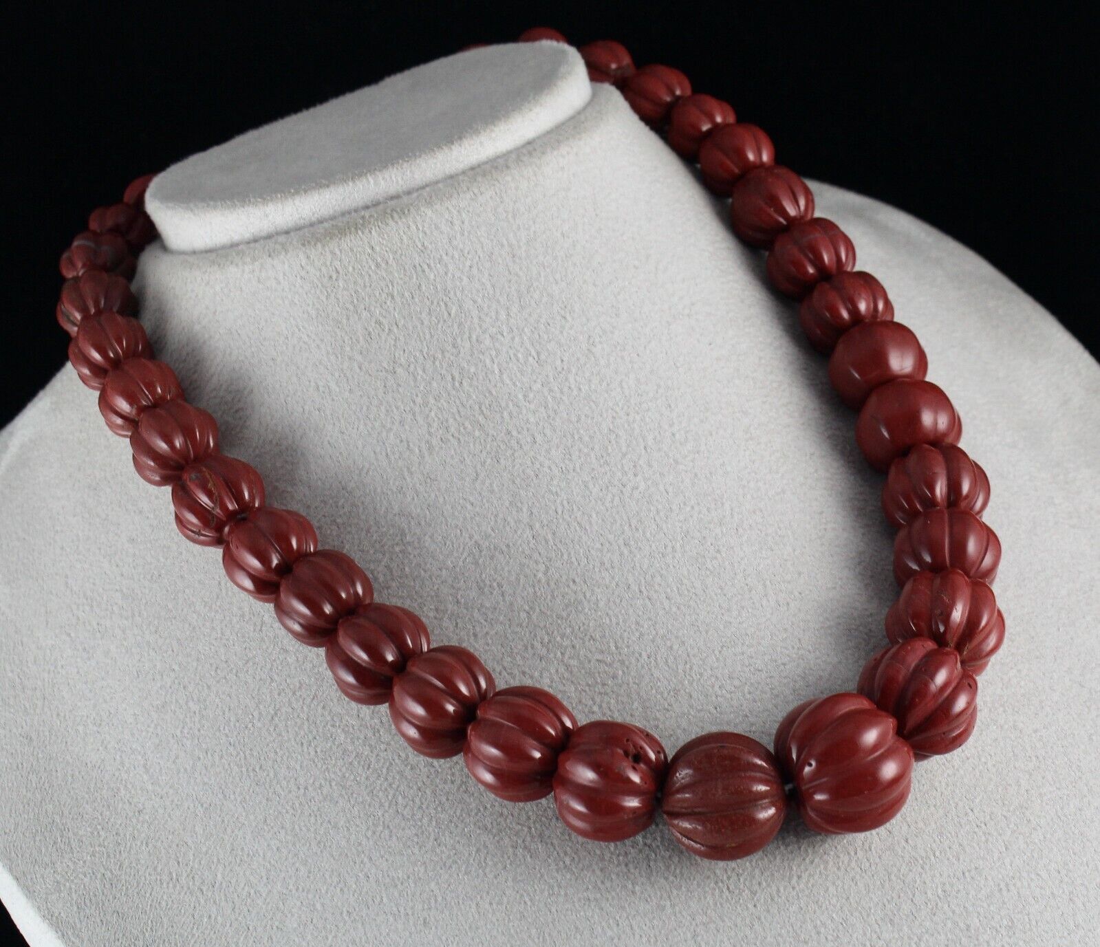 Red Jasper Carved Melon Beads 22mm Big 882 Cts Gemstone Silver Fashion Necklace