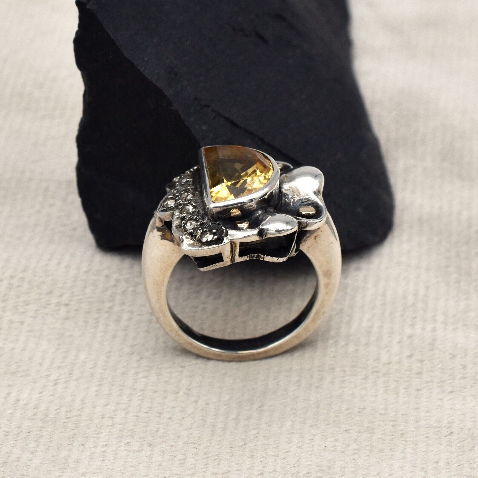 Vintage Natural Yellow Citrine Diamond 18K Gold Silver Victorian Women Ring