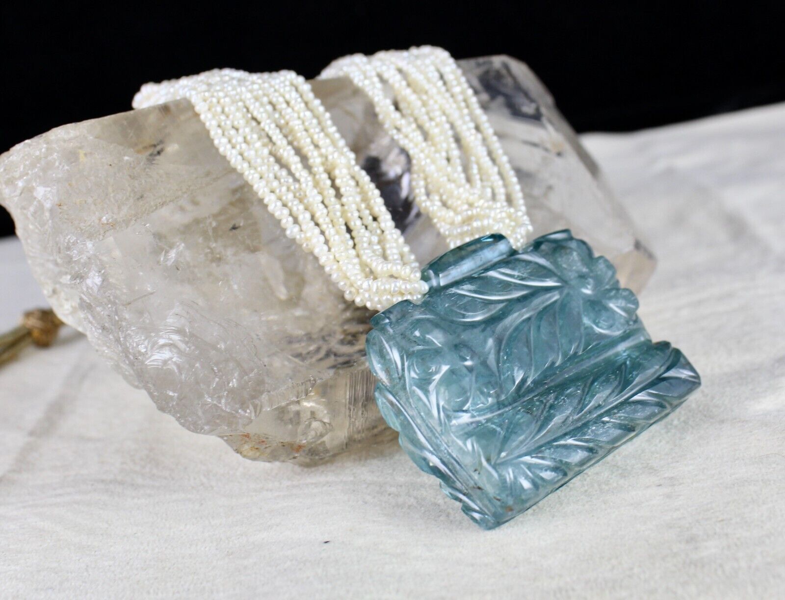 Natural Blue Aquamarine Carved 176.20 Ct Pearl Gemstone Old Antique Necklace