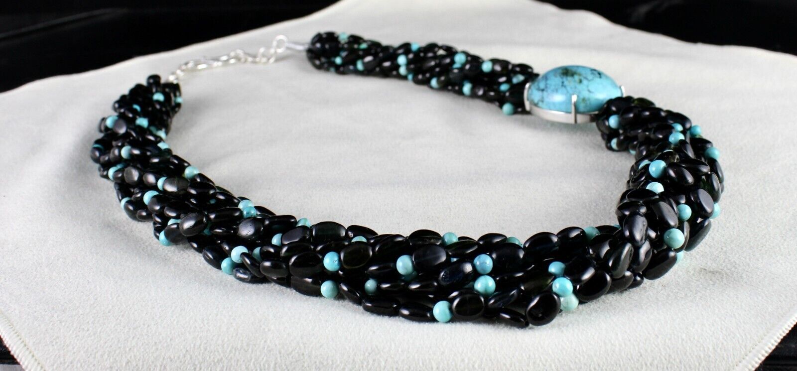 FINE NATURAL BLACK TOURMALINE TURQUOISE BEADED DESIGNER GEMSTONE SILVER NECKLACE