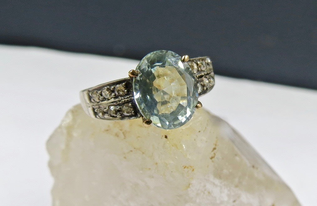 Aquamarine Blue Oval 24.21ct Natural Diamond 18k Gold Ring 925 Sterling Silver