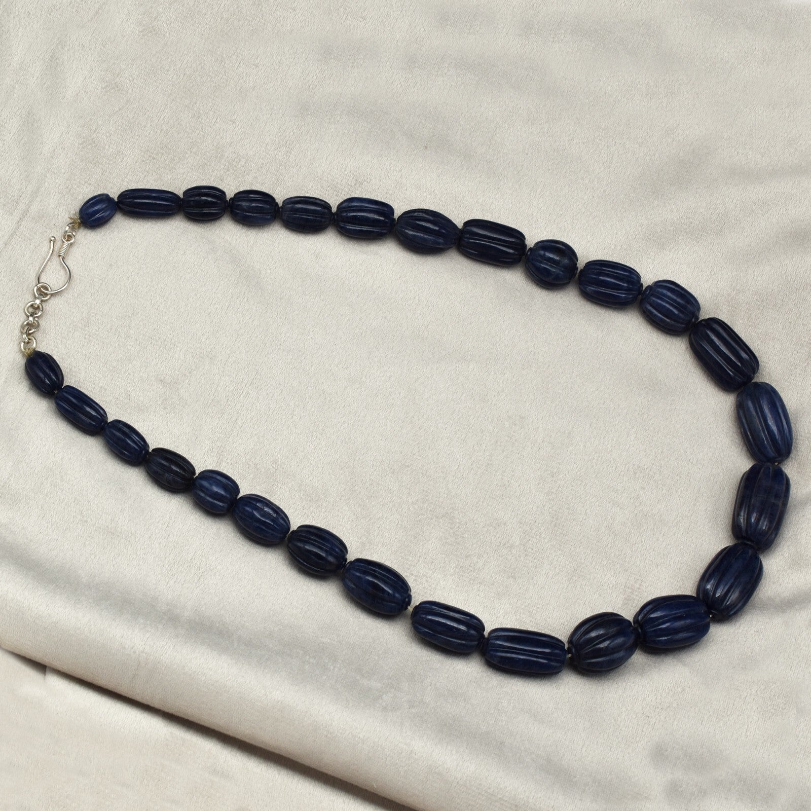 Vintage Blue Jade 861 Ct Long Carved Beads Necklace Sterling Silver Hook