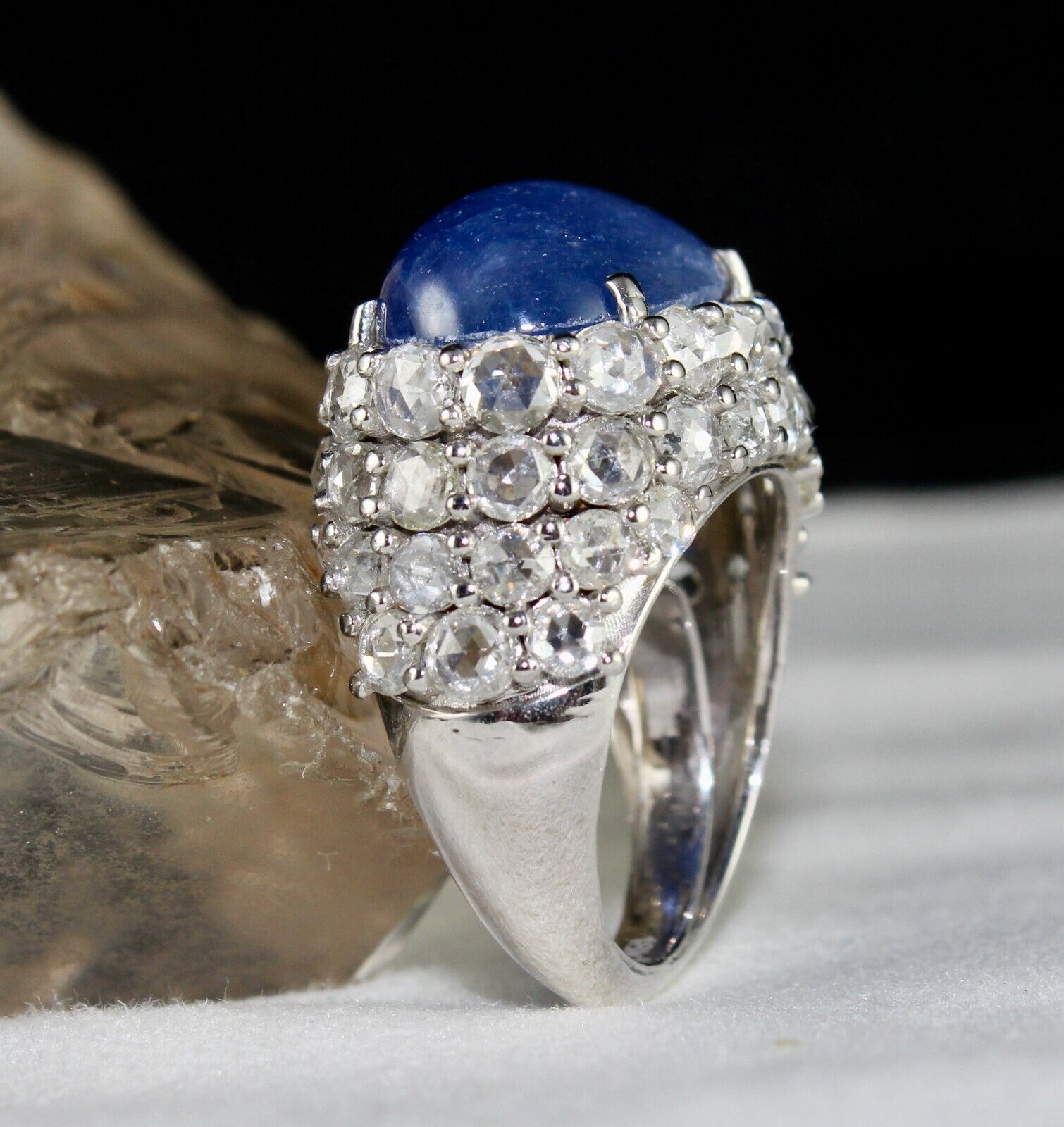 Natural Blue Sapphire Cabochon Rose Cut Diamond Studded 18k Gold Cocktail Ring