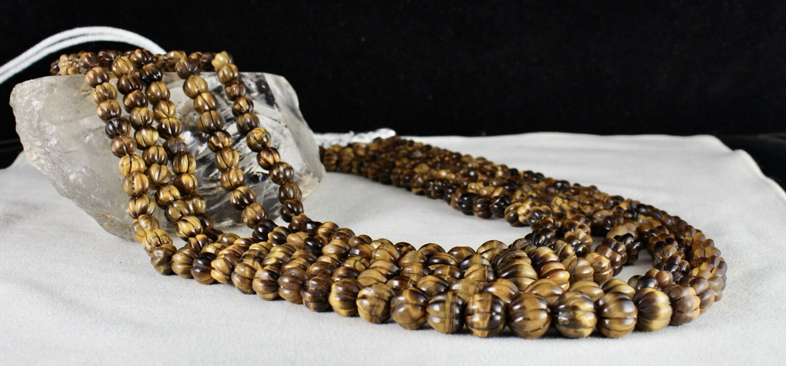 Natural Tiger Eye 1214 Cts Carved Beads 5 Line Gemstone Antique Necklace