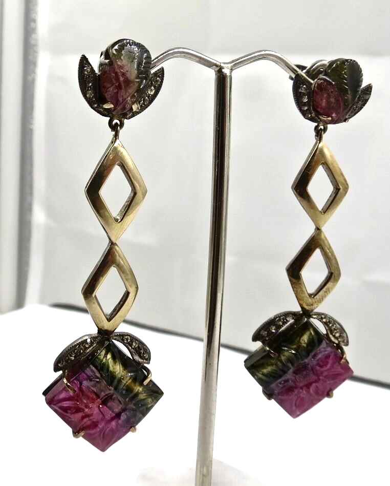 NATURAL MULTI TOURMALINE GEMSTONE DIAMOND 18K GOLD  925 SILVER VICTORIAN EARRING