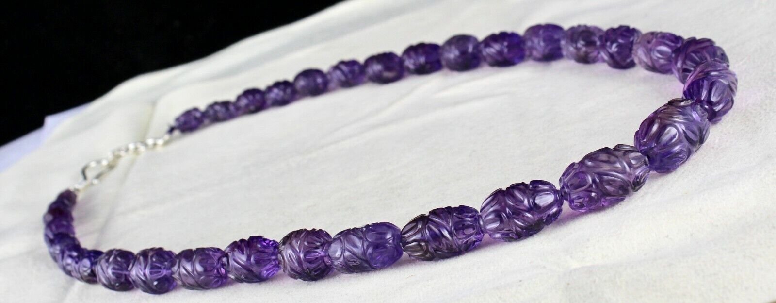 Top Natural Amethyst Beads Carved Long 488 Ct Gemstone Silver Vintage Necklace