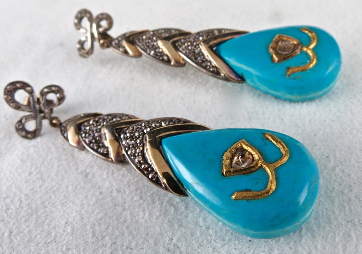 Certified Natural Diamond Turquoise 18k Gold 925 Sterling Silver Earrings 10ct