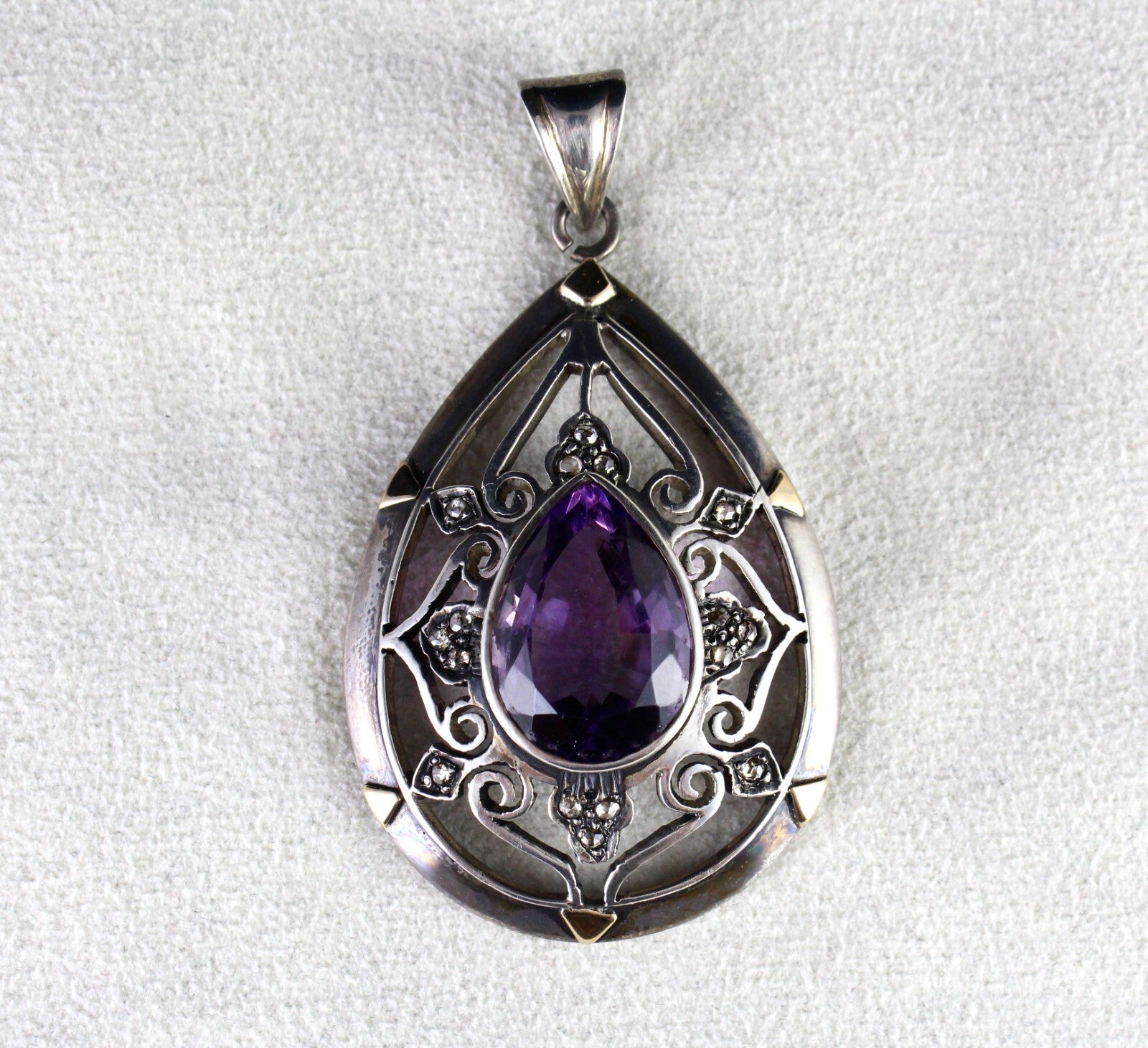 Antique Natural Amethyst 10ct Diamond Victorian Pendant Sterling Silver Gold