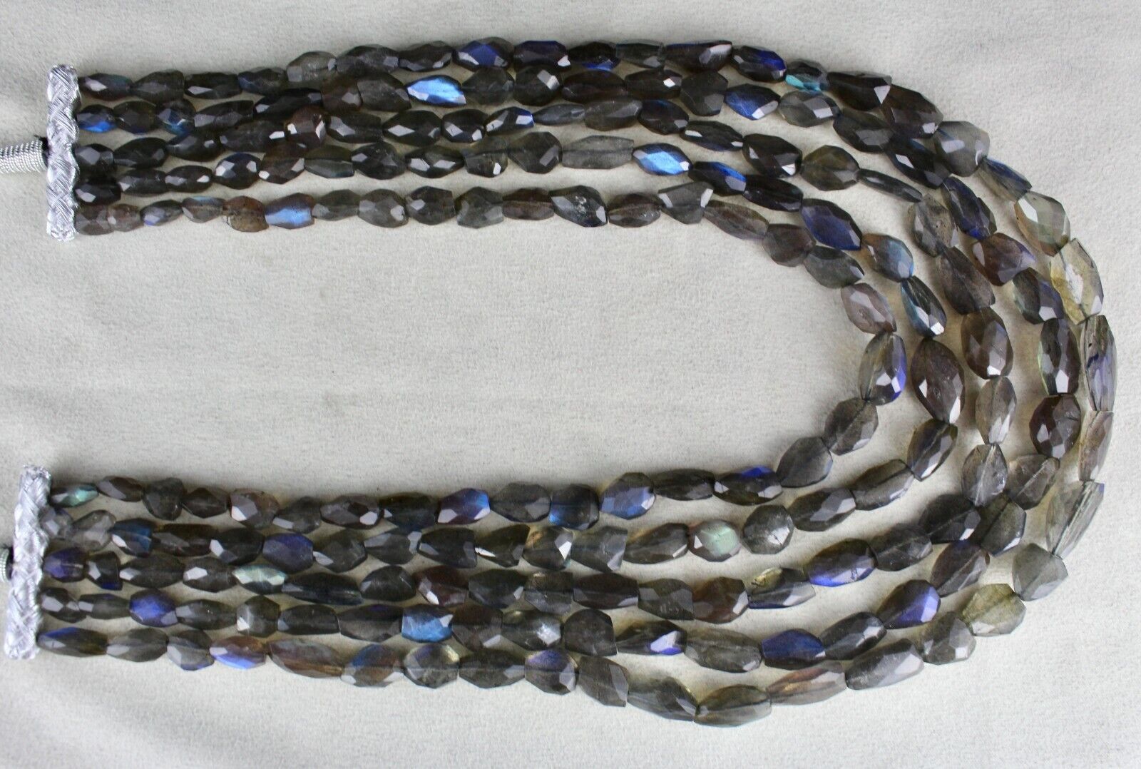 NATURAL BLACK LABRADORITE BEADS FACETED NUGGETS 5 LINE 993 CTS GEMSTONE NECKLACE