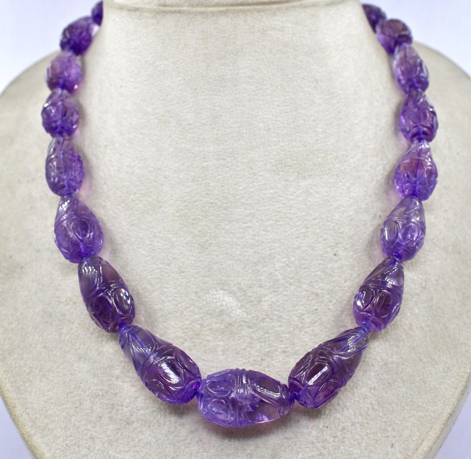 Natural Amethyst Beads Engraved Teardrop 625 Ct Gemstone Vintage Necklace