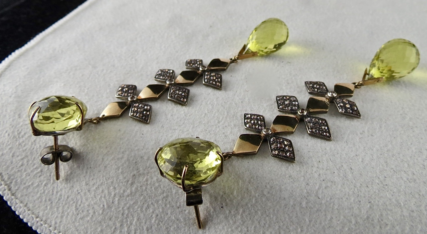 Natural Lemon Quartz Teardrop 10ct Diamond 18k Gold Sterling Silver Earrings