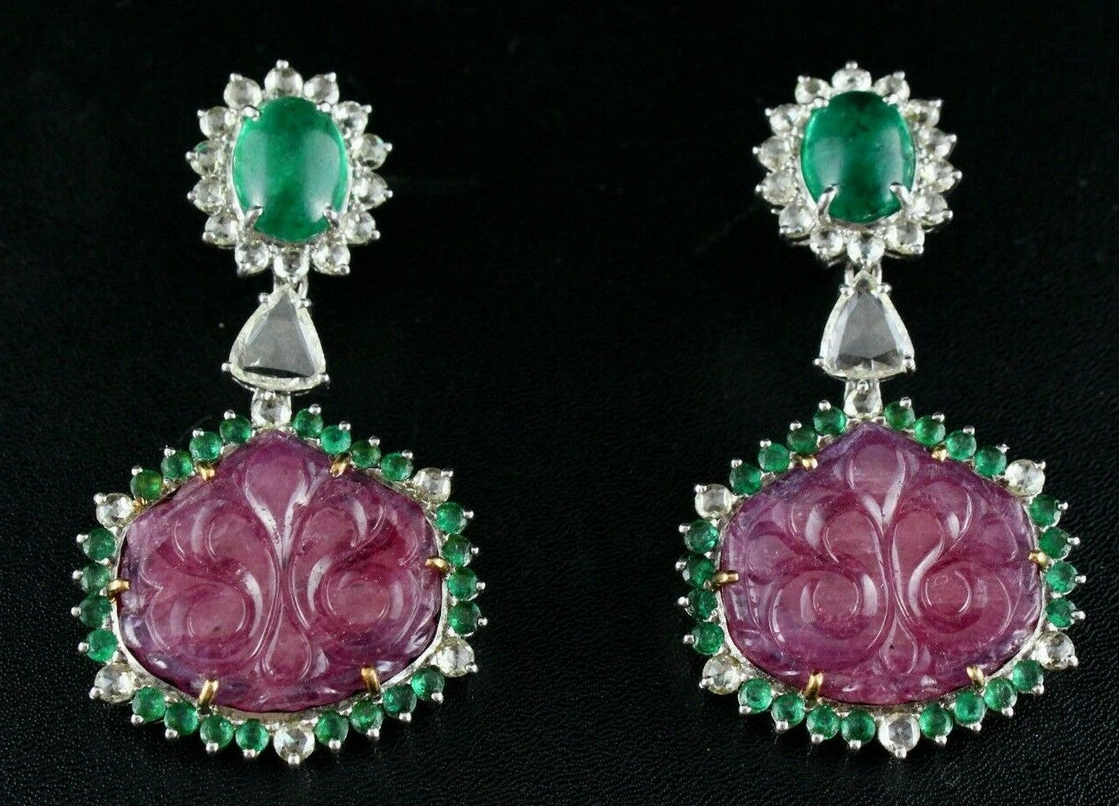 Certified Natural Emerald 169.45ct Ruby Carved Rose Cut Diamond 18k Gold Earring