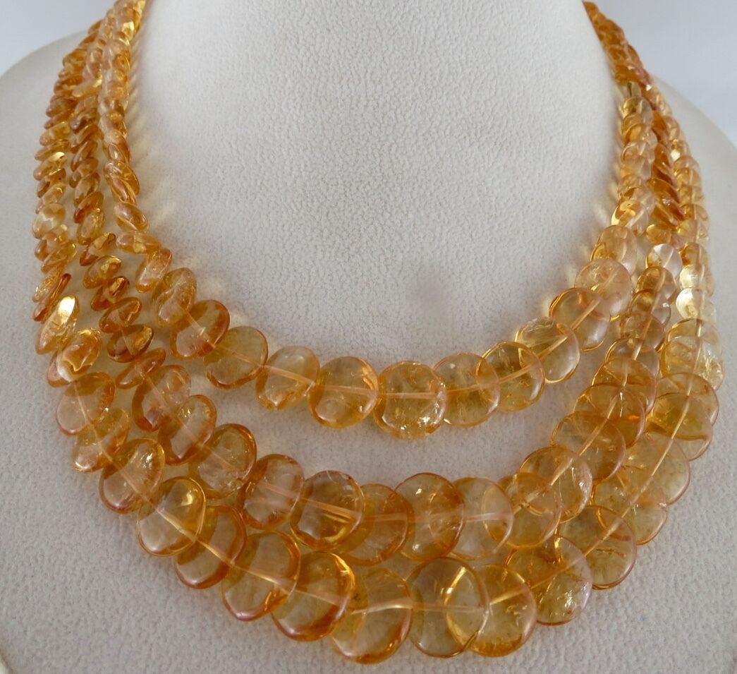 Natural Citrine Beads Round Fancy 3 L 530 Ct Gemstone Silver Designer Necklace