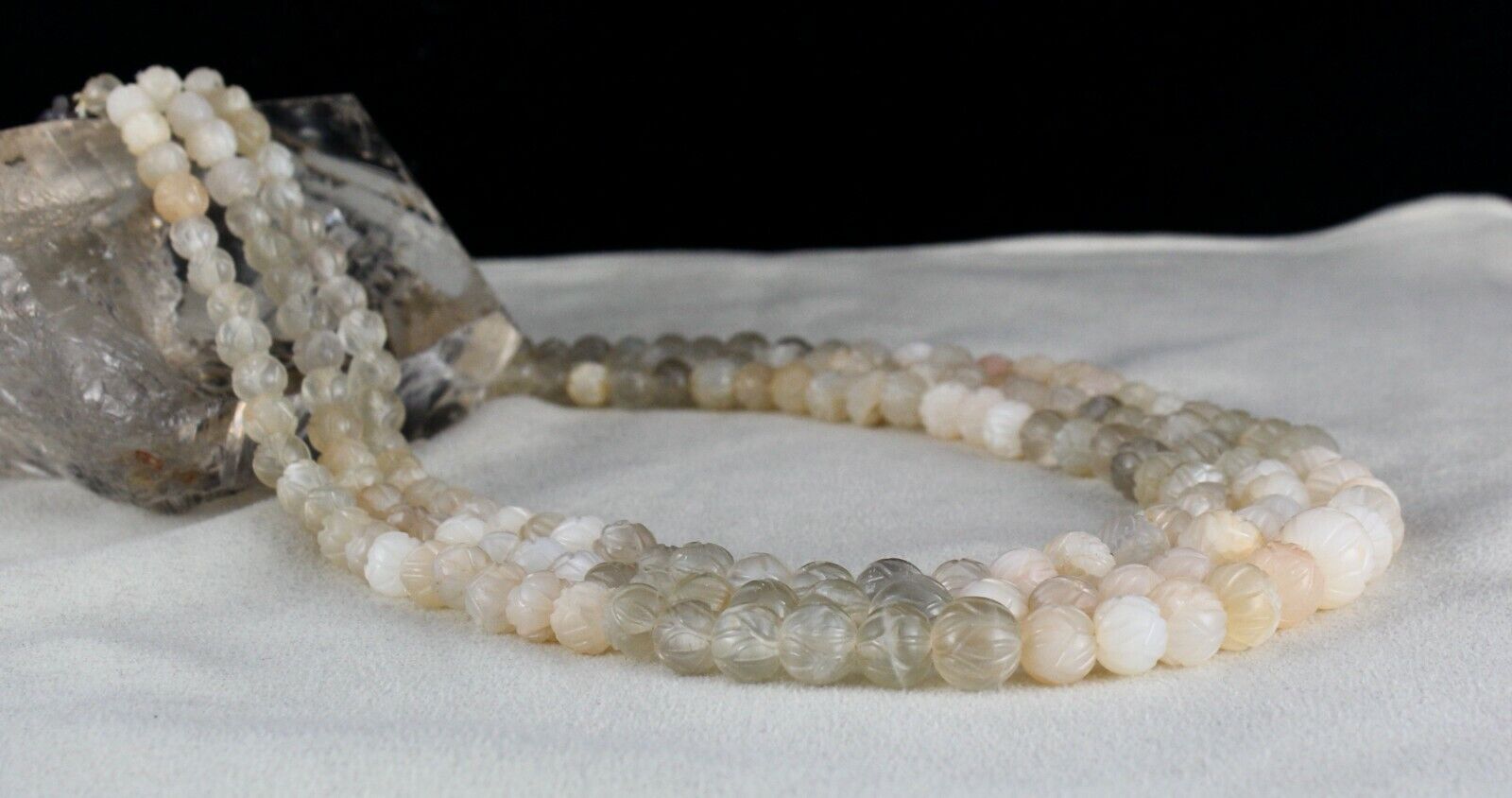 NATURAL MULTI MOONSTONE BEADS CARVED 3 LINE 667 CTS GEMSTONE LADIES NECKLACE